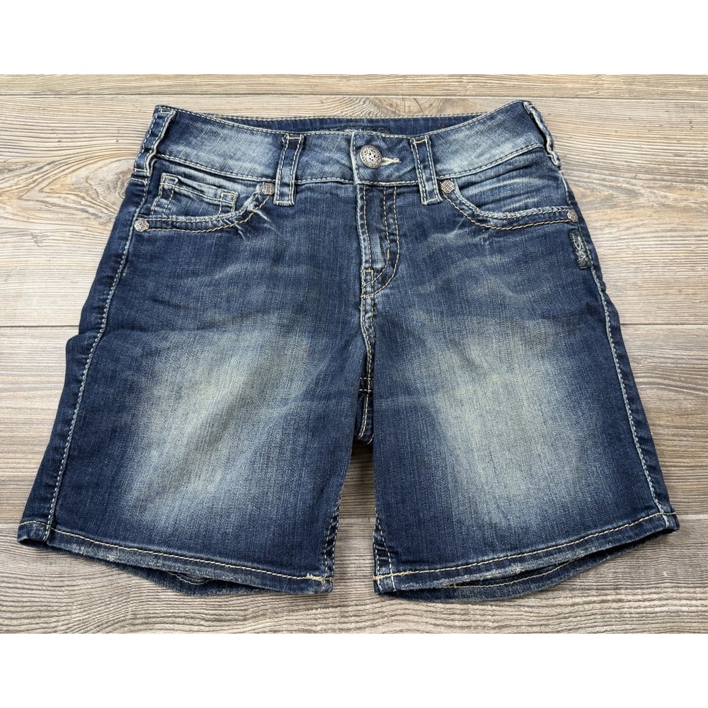 Silver Denim Jean Shorts 27 FITS 28 x 7 Blue Suki Mid Bermuda Mid Rise Stretch